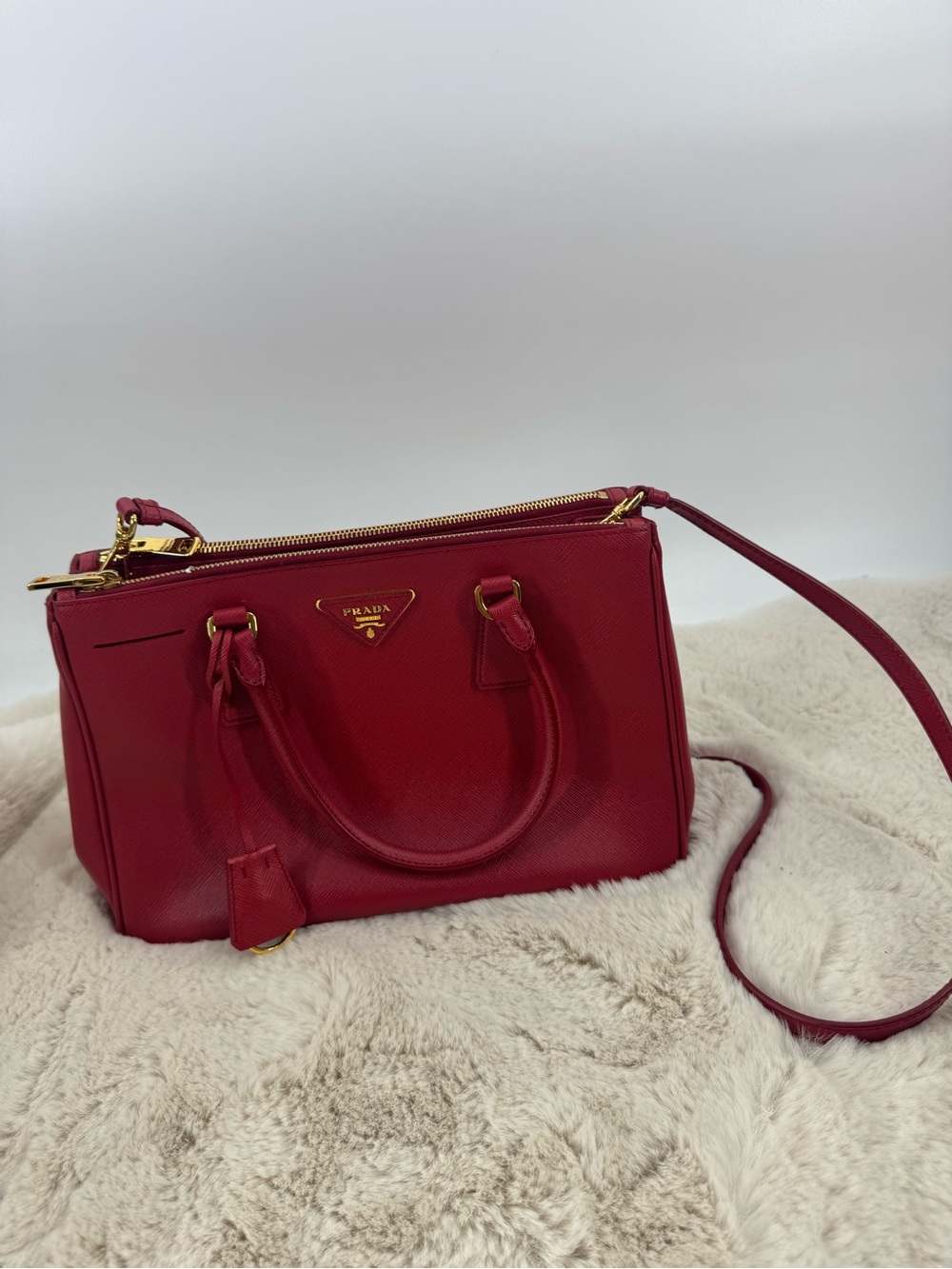 Prada Red Saffiano Double-Handle Satchel with Crossbody Strap